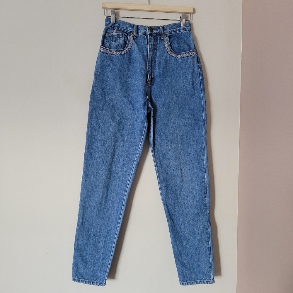 Vintage 90s Jonathan G High Waisted Mom Jeans Denim with Braided Trim Size 27 - Picture 2 of 7